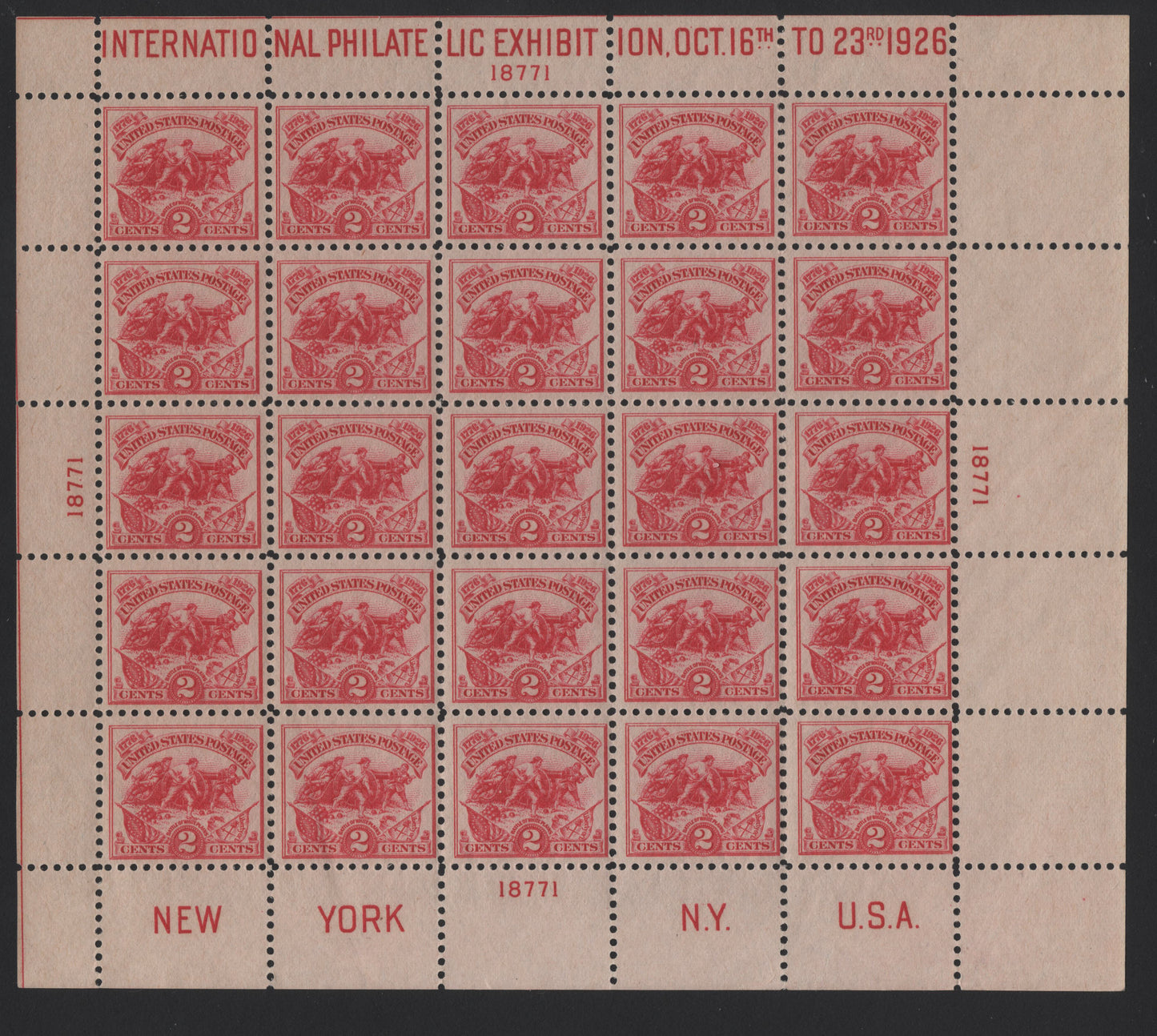 Lot 505 United States Of America #630 2c Carmine Rose Alexander Hamilton's Battery, 1926 White Plains Issue, A VFNH Sheet Of 25