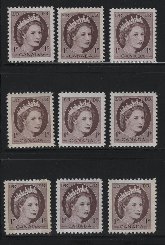Canada #337v, p 1c Light Violet Brown & Reddish Chocolate Queen Elizabeth II, 1954-1962 Wilding Issue, 9 VFNH Singles All DF1 and DF2 On Vertical Ribbed Paper, Various Shades, Semi-Gloss & Satin Cream Gum, Winnipeg Tagged & Untagged