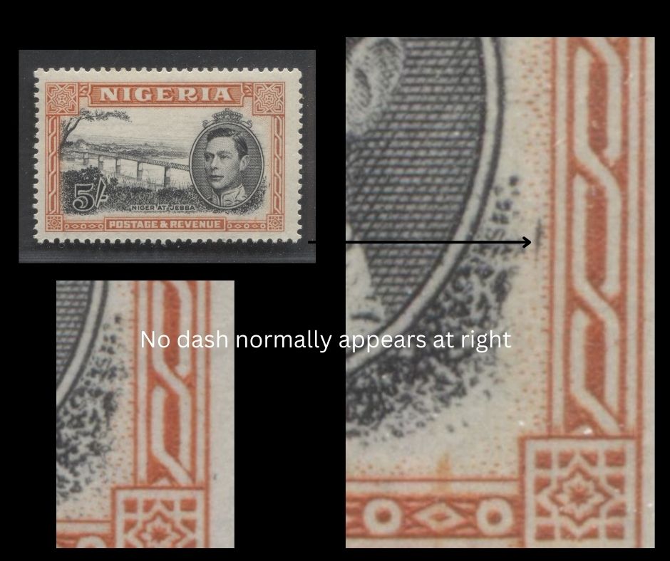 Lot 505 Nigeria #64var (SG#59avar) 5/- Intense Black & Dull Red Orange King George VI & Niger Bridge, 1938-1952 King George VI Definitive Issue, A Fine NH Single, Comb Perf. 13.5, 1946-1947 Printing, Vertical Dash To Right of Foliage At LR