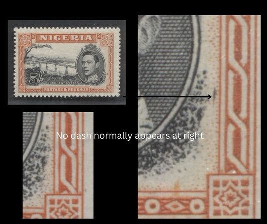 Lot 505 Nigeria #64var (SG#59avar) 5/- Intense Black & Dull Red Orange King George VI & Niger Bridge, 1938-1952 King George VI Definitive Issue, A Fine NH Single, Comb Perf. 13.5, 1946-1947 Printing, Vertical Dash To Right of Foliage At LR