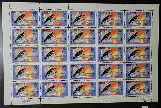 Lot 505 Nigeria #186 1.5d Multicoloured Splendid Sunbird, 1965-1966 Wildlife Issue, A VFNH/OG  Full Sheet Of 25 On HF/MF Paper, Some Selvedge Thinning & Damage To LL Stamp & Some Gum Disturbances