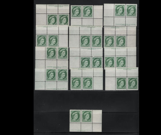 Lot 505 Canada #338iv 2c Green, Deep Green, Bright Green, Myrtle Green & Light Green, 1954-1962 Wilding Issue, 13 VFNH Plates 14, 15, 18-20 Pairs On DF1 Grayish Horizontal Wove Paper, Without Visible Ribbing, Smooth & Streaky Satin & Semi-Gloss Gums