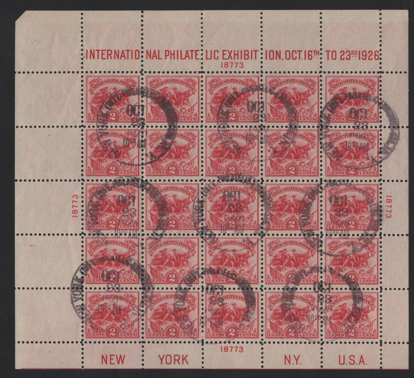 Lot 506 United States Of America #631 2c Carmine Rose Alexander Hamilton's Battery, 1926 White Plains Issue, A VF Used Sheet Of 25 October 26, 1926 New York Cancels, Top Margin Pane With Cjaracteristic "Notch" In Upper Left Corner