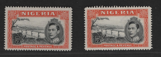 Lot 506 Nigeria #64bvar (SG#59bvar) 5/- Black & Bright Orange/Red Orange King George VI & Niger Bridge, 1938-1952 King George VI Definitive Issue, 2 VFOG Singles, Line Perf. 14.2, 1948 &  Feb. 1950 Printings