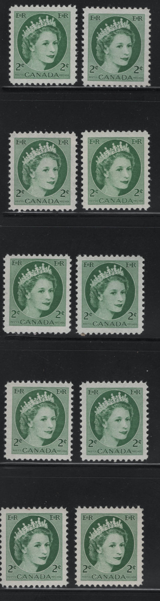 Lot 506 Canada #338iv 2c Green, Deep Green, Bright Green, Myrtle Green & Light Green Queen Elizabeth II, 1954-1962 Wilding Issue, 10 VFNH Singles On DF1 Grayish Horizontal Wove Paper, Without Visible Ribbing, Smooth & Streaky Satin & Semi-Gloss Gums