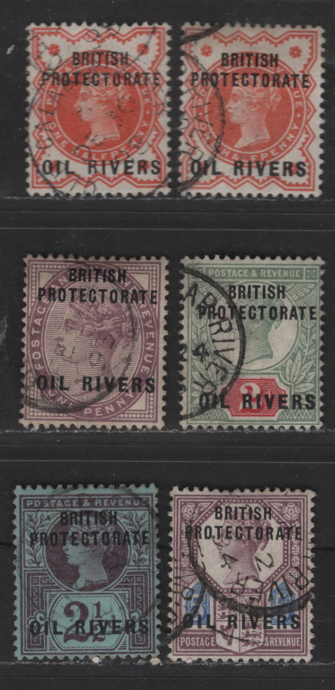 Lot 112 Niger Coast Protectorate #1-5 1/2d-5d Vermilion - Purple & Ultramarine Queen Victoria, 1892-1893 Overprinted GB Jubilee Issue, 6 Fine & VF Used Singles Including 2 Shades Of 1/2d Vermilion