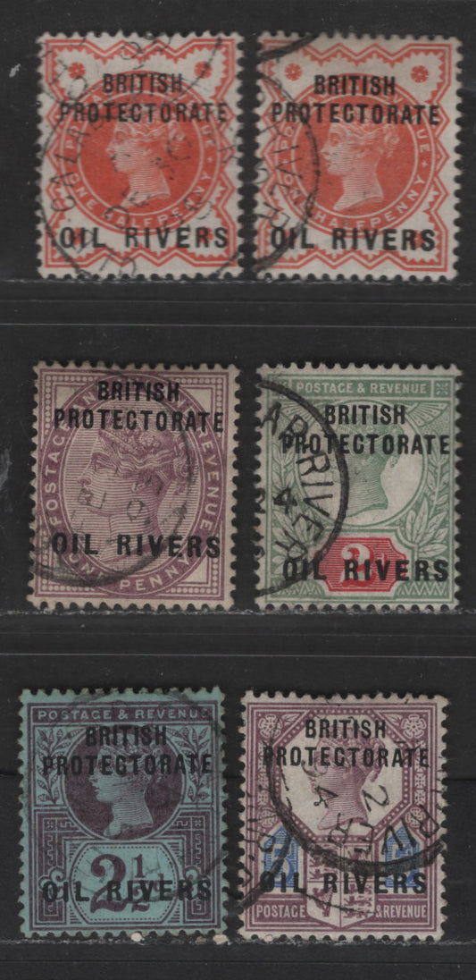 Lot 112 Niger Coast Protectorate #1-5 1/2d-5d Vermilion - Purple & Ultramarine Queen Victoria, 1892-1893 Overprinted GB Jubilee Issue, 6 Fine & VF Used Singles Including 2 Shades Of 1/2d Vermilion