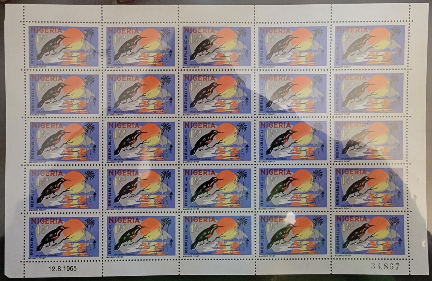 Lot 506 Nigeria #186 1.5d Multicoloured Splendid Sunbird, 1965-1966 Wildlife Issue, A VFNH/OG Full Sheet Of 25 On HF/MF Paper, Some Light  Gum Disturbances Affecting Stamps in Rows 1 & 5