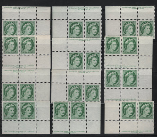 Lot 507 Canada #338iv 2c Green, Bright Green, Light Green Queen Elizabeth II, 1954-1962 Wilding Issue, 12 VFNH Plate 11, 13-18 Pairs On DF1 Grayish Horizontal Wove Ribbed Papers, With Visible Ribbing On Back, Streaky & Smooth Satin  & Semi-Gloss Gums