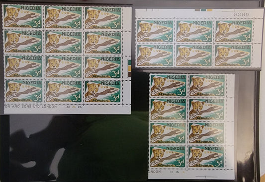 Lot 507 Nigeria #188 3d Multicoloured Cheetahs, 1965-1966 Wildlife Issue, 3 Fine & VFNH Corner & Cylinder Blocks Of 12, 8 & 6 Cylinders 1A and 2A, Multiple Markings in Selvedge, On HF/MF, HF/DF and HB/DF Papers, Crackly Dex Gum