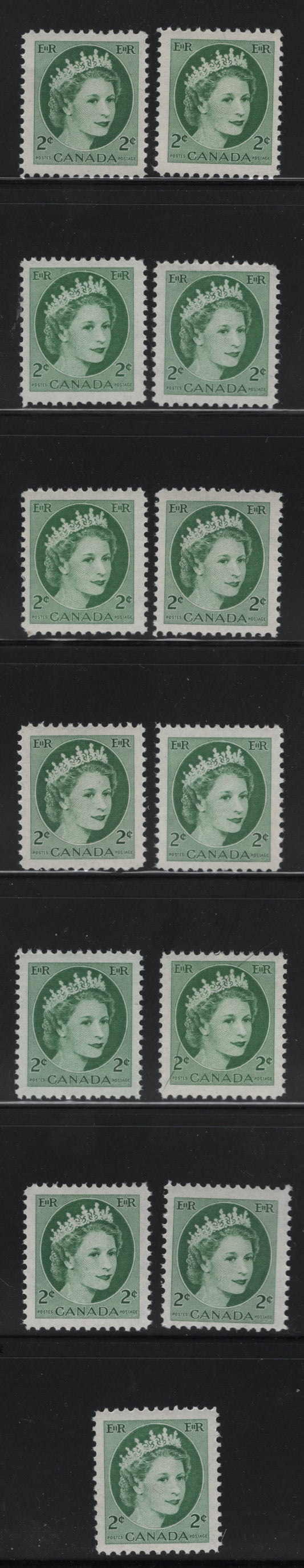 Lot 508 Canada #338iv 2c Green, Bright Green, Light Green Queen Elizabeth II, 1954-1962 Wilding Issue, 13 VFNH Singles On DF1 Grayish Horizontal Wove Ribbed Papers, With Visible Ribbing On Back, Streaky & Smooth Satin  & Semi-Gloss Gums