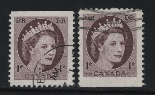 Canada #337aivs, aiiis 1c Violet Brown Queen Elizabeth II, 1954-1962 Wilding Issue, 2 VF Used Booklet Singles MF and HB Horizontal Smooth/Ribbed Papers