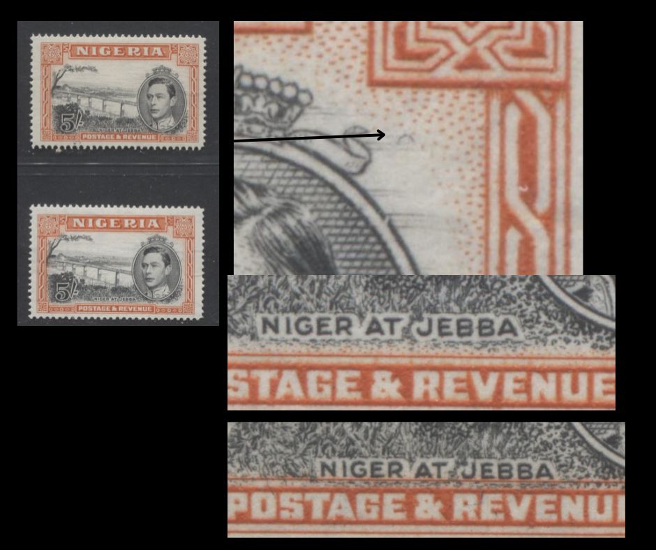 Lot 508 Nigeria #64bvar (SG#59bvar) 5/- Black & Bright Orange King George VI & Niger Bridge, 1938-1952 King George VI Definitive Issue, 2 VFOG Singles, Line Perf. 14.2, 1948 Printing, Crescent Near Medallion Variety & Downward Vignette Shift