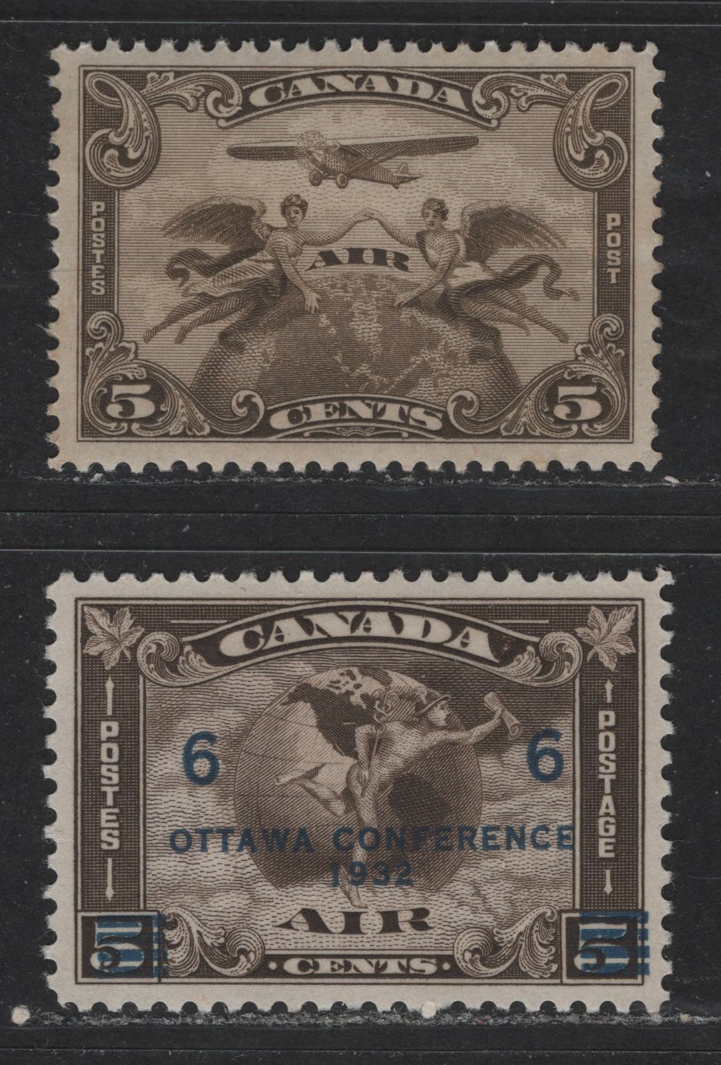 Lot 509 Canada #C1, C4 5c, 6c on 5c Brown Olive & Deep Olive Brown Winged Figures & Mercury & Globe, 1928-1932 Scroll & Ottawa Conference Issue Airmails, 2 VFOG Singles