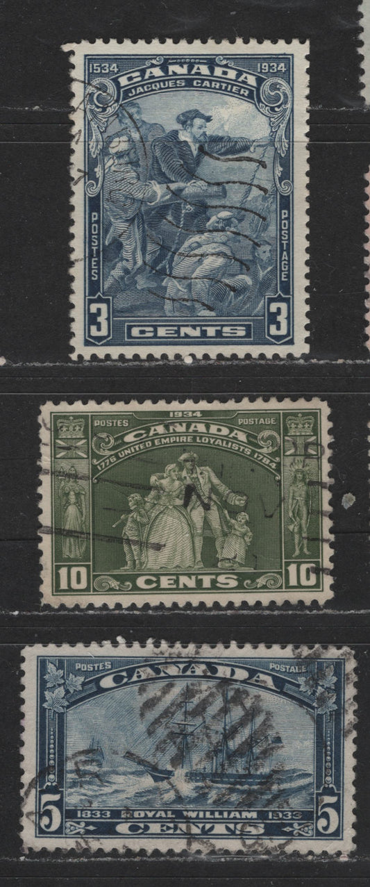 Canada #204, 208-209 3c-10c Steel Blue & Olive Green Royal William - Loyalists Statue, 1933-1934 Royal William - United Empire Loyalists Issue, 3 Fine & VF Used Singles