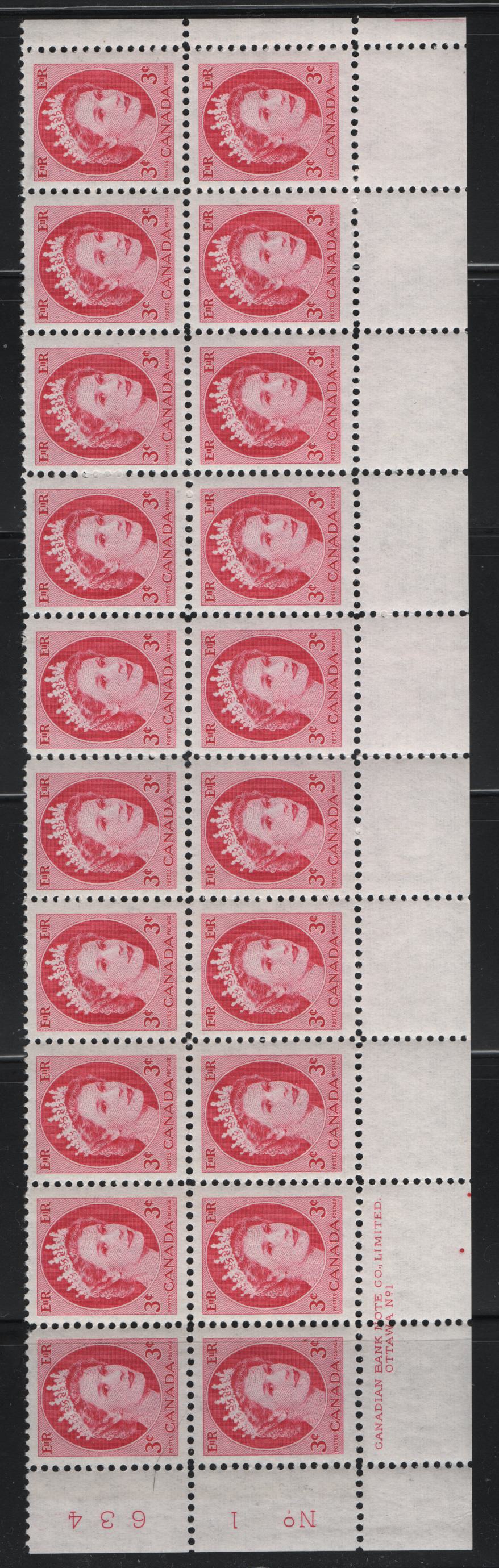 Lot 510 Canada #339pvar 3c Cerise Queen Elizabeth II, 1954-1962 Wilding Issue, A VFNH LL Plate 1 Strip Of 20 On DF2 Greyish White Smooth/Ribbed Paper With Unueven Winnipeg Tagging, Probably Due To Underinking Of Taggant