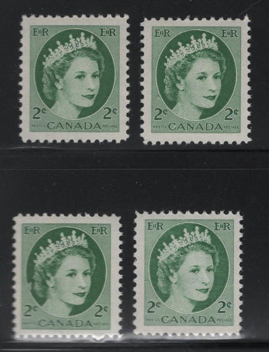 Lot 510 Canada #338iv 2c Very Pale Green, & Green Queen Elizabeth II, 1954-1962 Wilding Issue, 4 VFNH Singles On DF1 Grayish White Paper, With & Without Visible Vertical Ribbing On The Gum Side, Smooth Semi-Gloss Gum