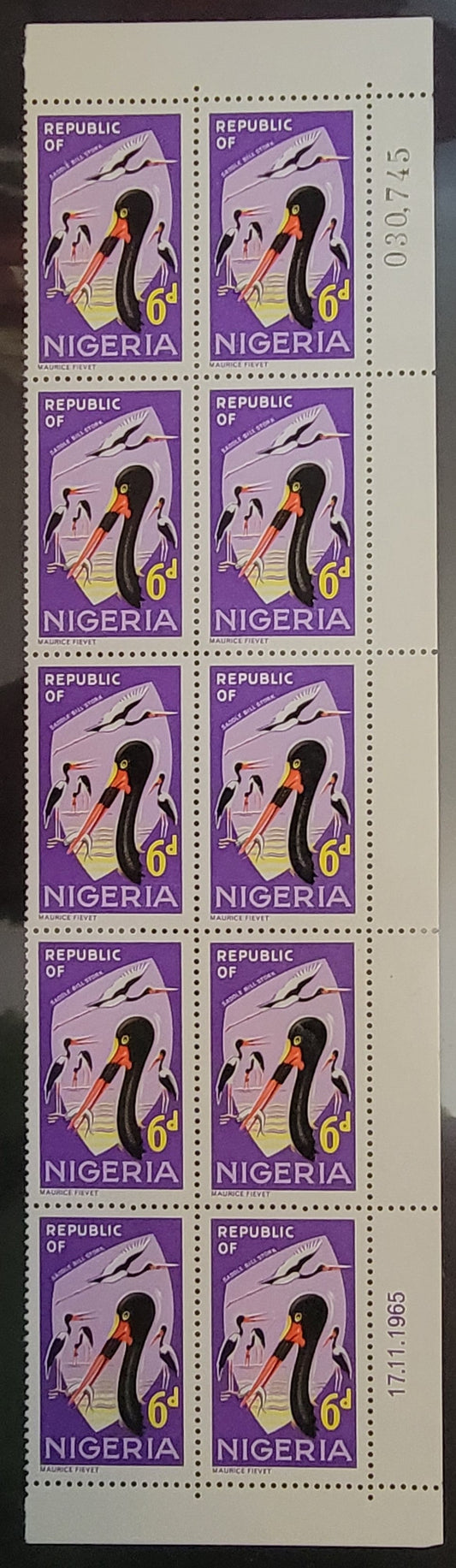 Lot 510 Nigeria #190 6d Multicoloured Saddle Bill Storks , 1965-1966 Wildlife Issue, A VFNH Sheet Margin Block Of 10 On MF/MF Paper, Sheet Number & Printing Date In Selvedge