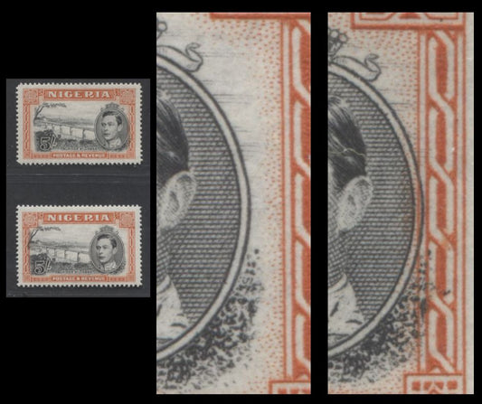 Lot 510 Nigeria #64bvar (SG#59bvar) 5/- Black & Red Orange King George VI & Niger Bridge, 1938-1952 King George VI Definitive Issue, 2 VFNH Singles, Line Perf. 14.2, Feb. 1950 Printing, Rightward & Leftward Vignette Shifts