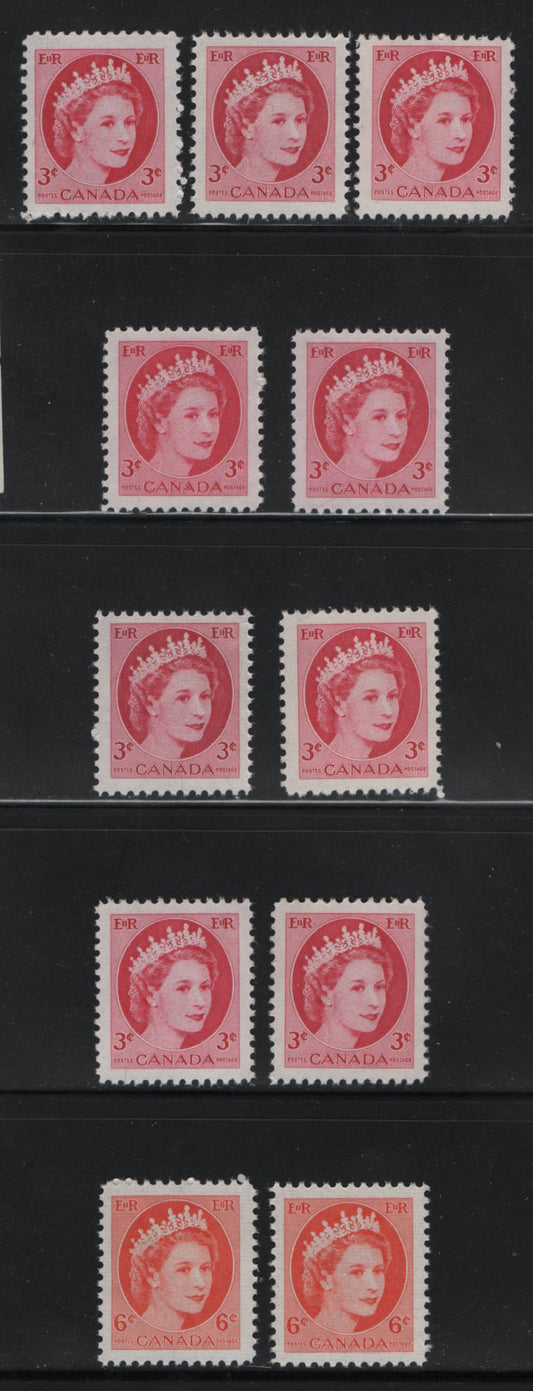 Lot 511 Canada #339, 339iv, 342 3c & 6c Cerise & Orange Queen Elizabeth II, 1954-1962 Wilding Issue, 11 VFNH & VFOG Singles On Different DF1& DF2 Papers, With Different Shades & Gum Types