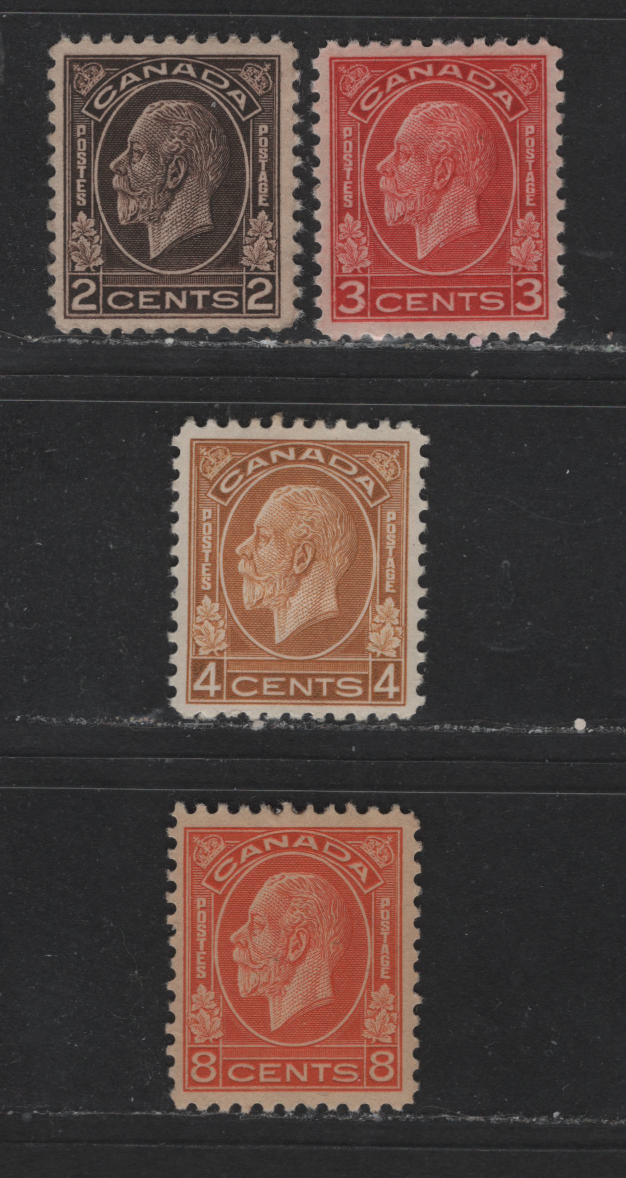 Lot 511 Canada #196, 197c, 198i, 200 2c-8c Dark Brown - Orange King George V, 1932-1935 Medallion Issue, 4 VFOG Singles Die 2 On 3c, Different Gum Types