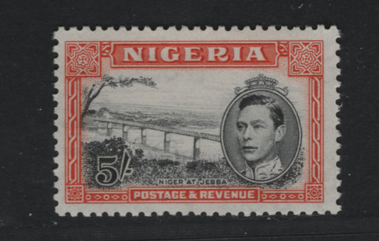 Lot 511 Nigeria #64avar (SG#59cvar) 5/- Black & Red Orange King George VI & Niger Bridge, 1938-1952 King George VI Definitive Issue, A VFNH Single, Comb Perf. 12, Nov. 1950 Printing