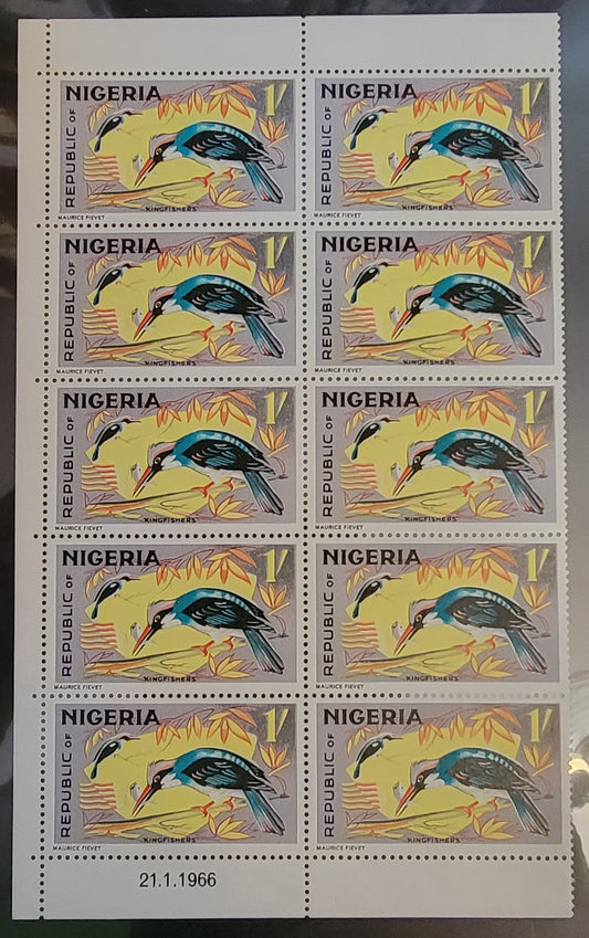 Lot 511 Nigeria #192 1/- Multicoloured Kingfishers, 1965-1966 Wildlife Issue, A VFNH Sheet Margin Block Of 10 On HF/MF Paper, Printing Date In Selvedge