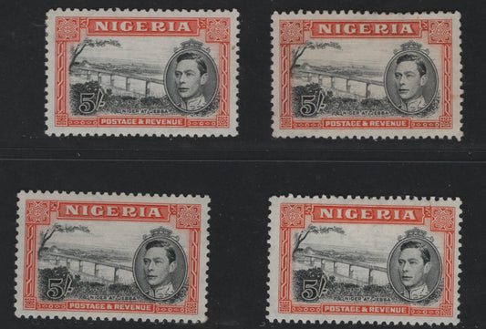 Lot 512 Nigeria #64avar (SG#59cvar) 5/- Black & Red Orange-Deep Brownish Orange King George VI & Niger Bridge, 1938-1952 King George VI Definitive Issue, 4 Fine & VF OG Singles, Comb Perf. 12, May 1949, Nov. 1950 & 1952 Printings