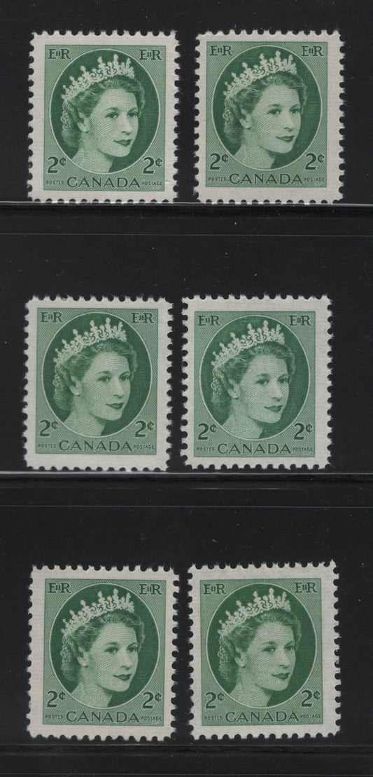 Lot 513 Canada #338 2c Green, Deep Green, Myrtle Green & Pale Dull Myrtle Queen Elizabeth II, 1954-1962 Wilding Issue, 6 Fine & VFNH Singles On DF1 Ivory Ribbed/Ribbed Paper, Smooth & Streaky Semi-Gloss Gum