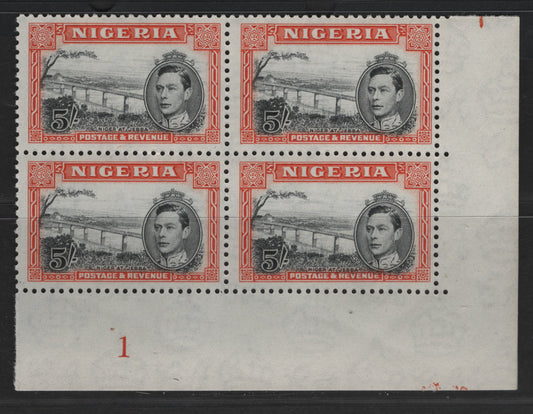 Lot 513 Nigeria #64avar (SG#59cvar) 5/- Black & Red Orange King George VI & Niger Bridge, 1938-1952 King George VI Definitive Issue, A Fine NH LR Plate 1 Block, Comb Perf. 12, Nov. 1950 Printing