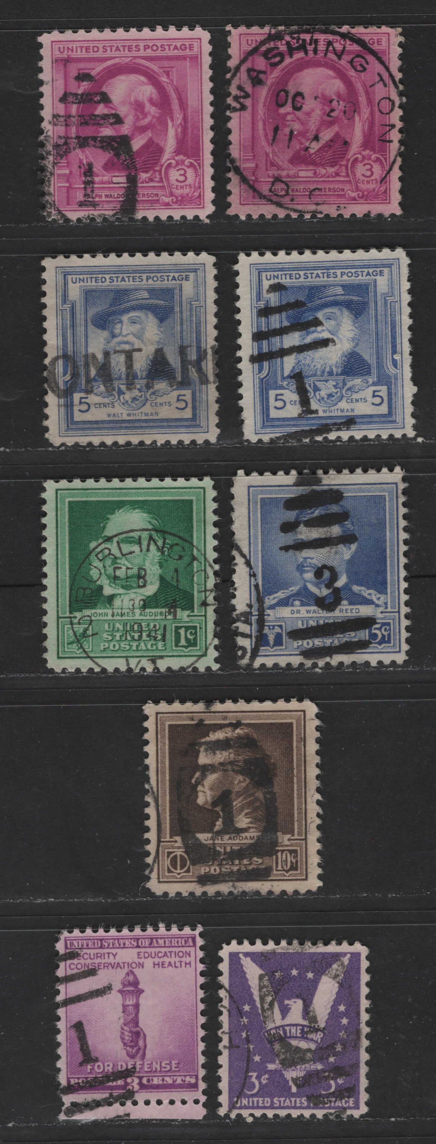 Lot 513 United States Of America #861/905 1c-10c Bright Blue Green - Dark Brown , 1940-1942 Famous Americans - Win The War Issues, 9 Fine & VF Used Singles All With SON Numeral Dupex, Straight-Line & CDS Cancels