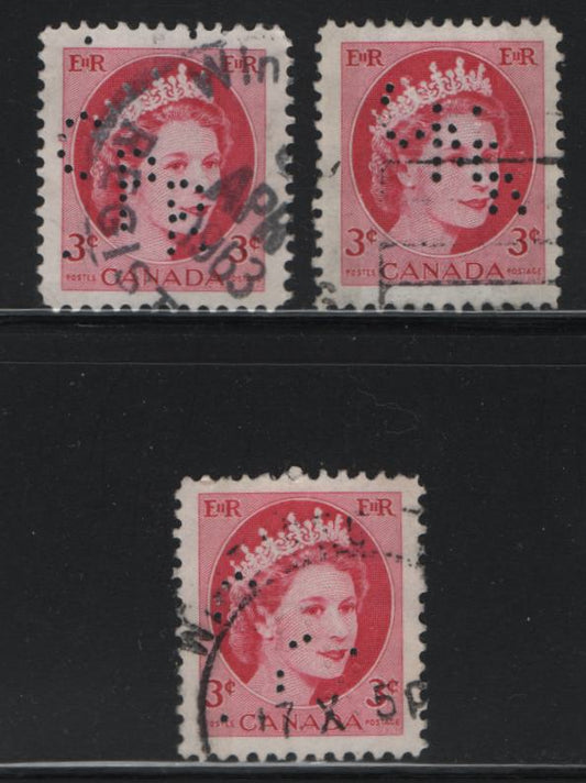 Lot 513 Canada #339pvar 3c Cerise Queen Elizabeth II, 1954-1962 Wilding Issue, 3 Fine & VF Used Singles Winnipeg Tagged, With CPR and CNR Perfins, Unlisted in Harris