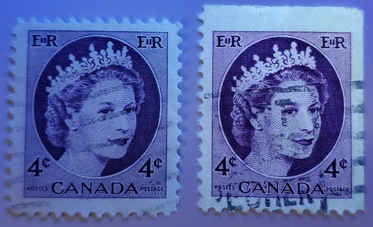 Lot 513 Canada #340asvar 4c Violet Queen Elizabeth II, 1954-1962  Wilding Issue, A VF Used Single, With Unlisted Fluorescent Purple Ink, DF Horizontal Ribbed Paper