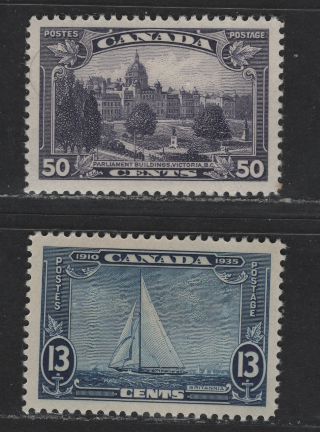 Lot 514 Canada #216, 226 13c, 50c Deep Blue & Dull Violet Britannia & Victoria BC Parliament Buildings, 1935-1937 Silver Jubilee & Dated Die Issues, 2 VFOG Singles On Vertical Wove With Clear Mesh & Semi-Gloss Cream Gum