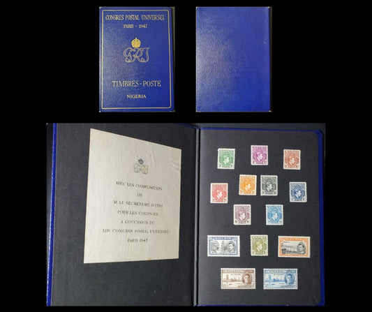 Lot 514 Nigeria #53/64 (SG#49/63b) 1/2d - 5/- Green - Black & Bright Orange King George VI, Buea Road & Niger Bridge, 1938-1952 King George VI Definitive Issue, A VF UPU Presentation Folder, Line Perf. 12 & Comb Perf. 13.5, 1946 or 1947 Printings