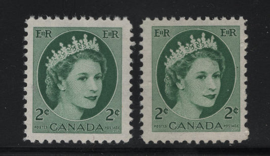 Lot 515 Canada #338 2c Deep Green & Myrtle Green Queen Elizabeth II, 1954-1962 Wilding Issue, 2 VFNH Singles On DF Ivory Smooth/Ribbed Paper, Smooth Semi-Gloss Gum