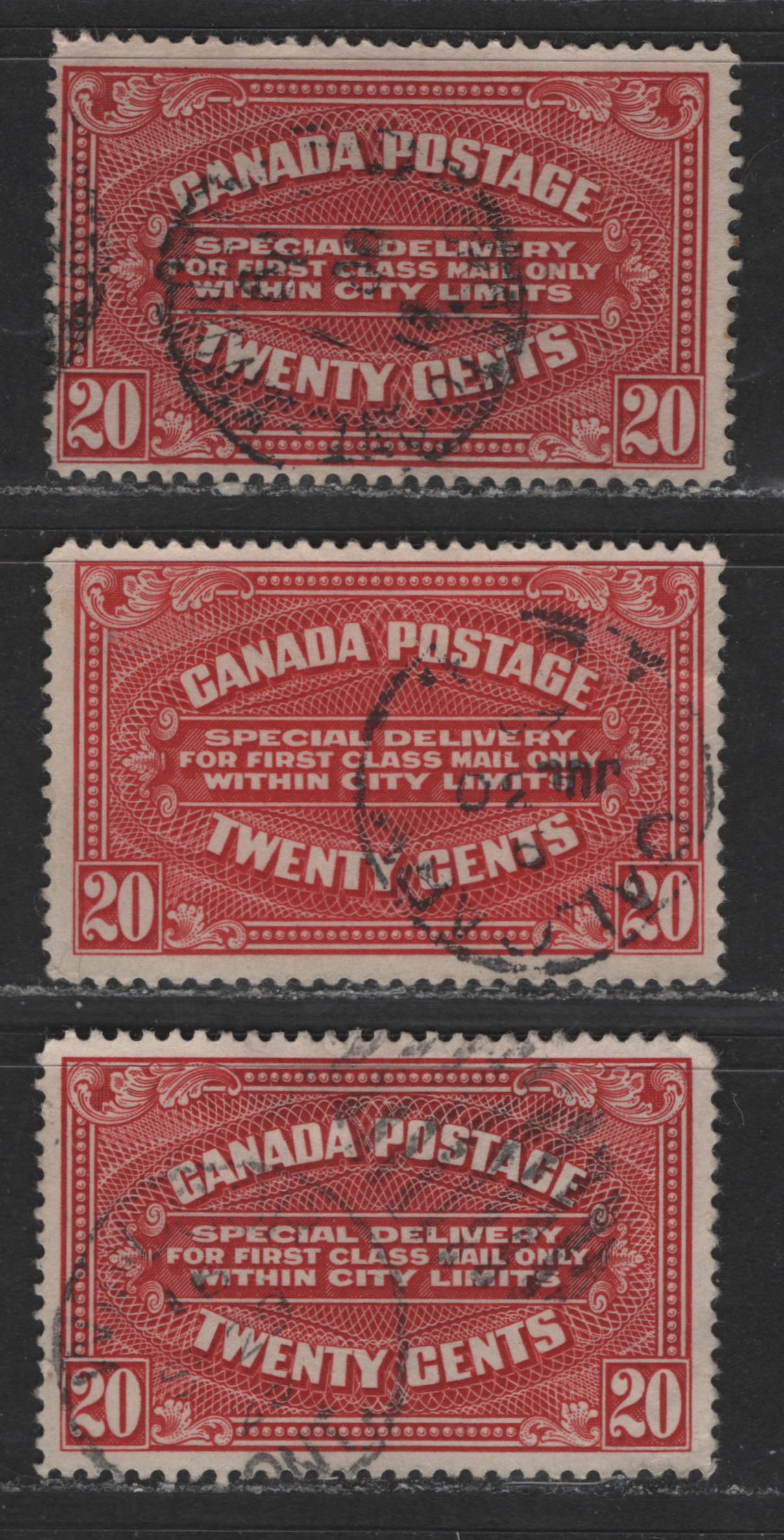 Lot 515 Canada #E2, E2a 20c Carmine & Carmine-Red Engine Turned Pattern, 1922-1927 Second Special Delivery Issue, 3 VG & Fine Used Singles Both Wet & Dry Printings, Including Both Shades Of The Wet Printing