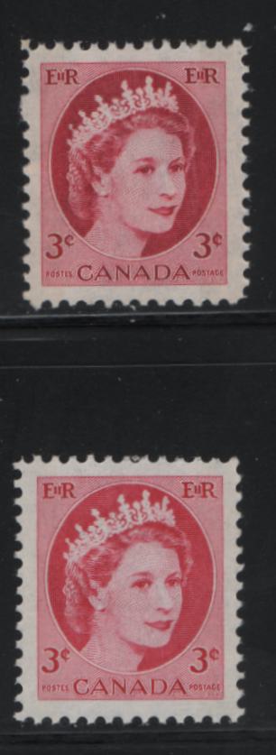 Lot 515 Canada #339p & var 3c Cerise & Very Deep Carmine Queen Elizabeth II, 1954-1962 Wilding Issue, 2 VFNH Singles Winnipeg Tagged On DF1 Greyish White Smooth/Ribbed Paper, Semi-Gloss Gum