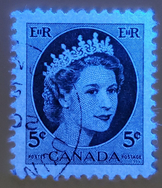 Lot 515 Canada #341var 5c Bright Blue Queen Elizabeth II, 1954-1962  Wilding Issue, A VF Used Single, An Apparently Unlisted Hibrite Paper, Probably A Contaminated DF Stamp, But Looks Almost Perfectly HB On Both Sides