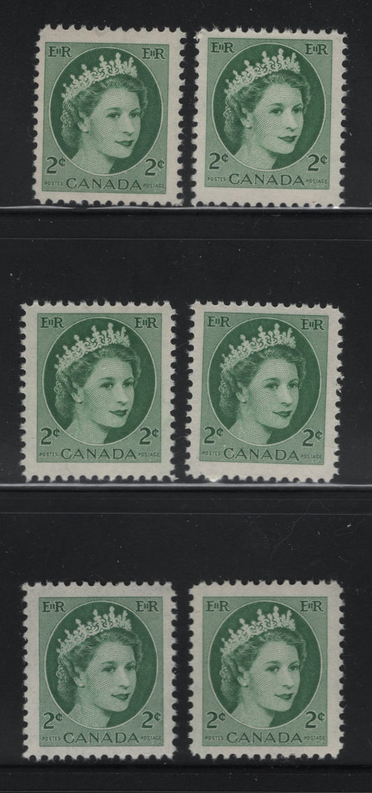 Canada #338 2c Green & Light Myrtle Green Queen Elizabeth II, 1954-1962 Wilding Issue, 6 Fine & VFNH Singles On DF1 Yellowish Ivory Smooth/Smooth Paper, Smooth & Streaky  Satin Gum