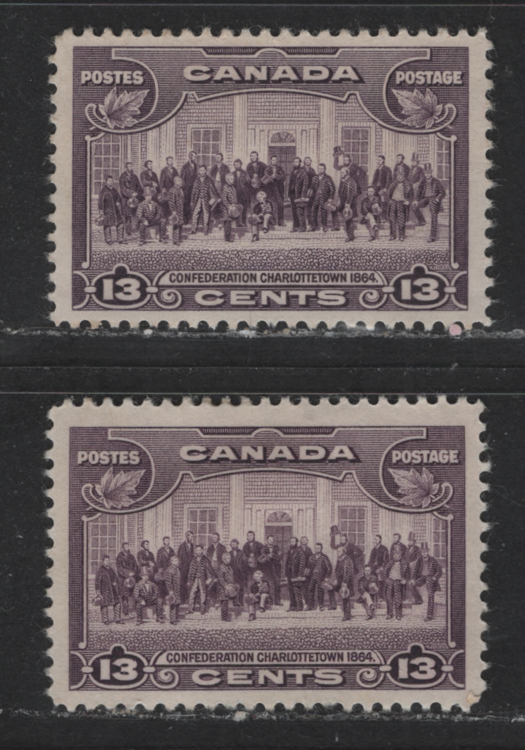 Lot 516 Canada #224 13c Purple Charlottetown Conference, 1935-1937 Dated Die Issue, 2 VFOG Singles Two Different Printings, Each A Slightly Different Shade, On Different Paper With Cream Semi-Gloss Gum