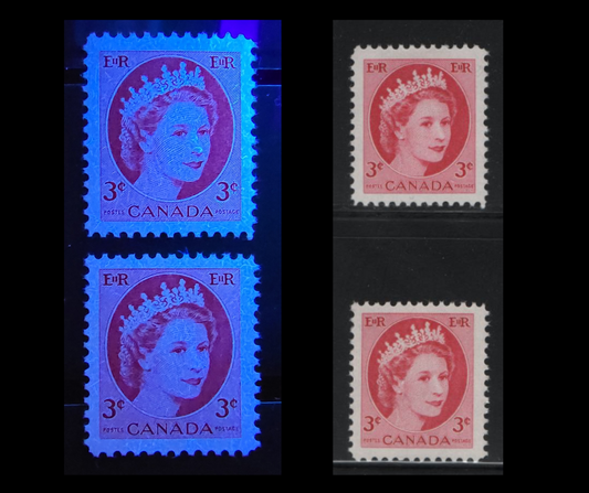 Lot 516 Canada #339iivar 3c Cerise & Bright Cerise Queen Elizabeth II, 1954-1962 Wilding Issue, 2 VFNH Singles On Unlisted HF-fl Smooth/Smooth Paper, Streaky Semi-Gloss Gums