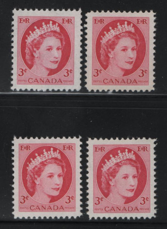 Lot 517 Canada #339ii, iv, 339iivar 3c Cerise & Bright Cerise Queen Elizabeth II, 1954-1962 Wilding Issue, 4 VFNH Singles On DF-fl, LF-fl, F-fl and MF-fl Smooth/Smooth & Smooth/Ribbed Papers, Streaky & Smooth Semi-Gloss Gums