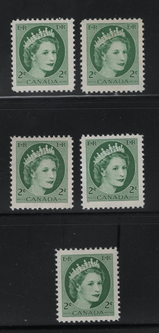 Lot 518 Canada #338 2c Green Queen Elizabeth II, 1954-1962 Wilding Issue, 5 VFNH Singles On DF1 Yellowish Ivory Horizontal Wove Paper With Vertical Ribbing On The Gum Side, Smooth & Streaky Semi-Gloss Gum