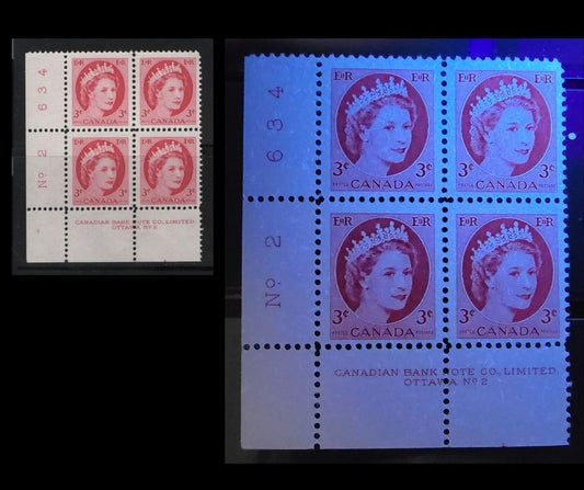 Lot 518 Canada #339ii 3c Cerise Queen Elizabeth II, 1954-1962 Wilding Issue, A Fine NH LL Plate 2 Block On Fluorescent Flecked, Smooth/Smooth, Paper, Mottled Semi-Gloss Gum, Couple Of Light Fingerprints On Gum