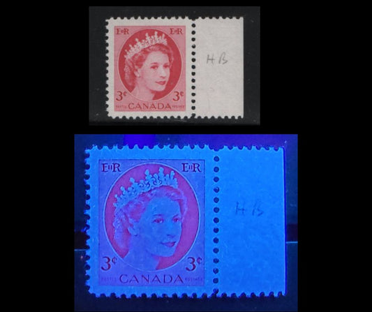 Lot 519 Canada #339iii 3c Cerise Queen Elizabeth II, 1954-1962 Wilding Issue, A VFNH Single On HB-fl Smooth/Ribbed Paper With Streaky Semi-Gloss Gum