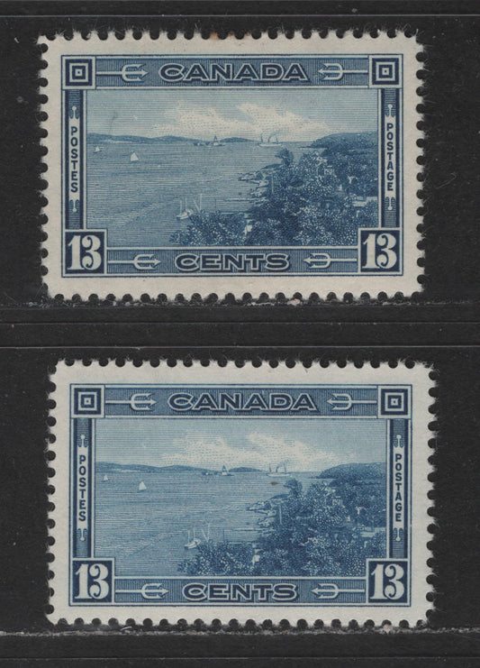 Lot 520 Canada #242 13c Blue Halifax Harbour, 1938-1942 Mufti Issue, 2 VFOG Singles Two Different Printings, Each A Slightly Different Shade, On Vertical Wove, With Clear Horizontal Mesh, With Cream Semi-Gloss Gum