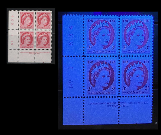 Lot 520 Canada #339iii 3c Cerise Queen Elizabeth II, 1954-1962 Wilding Issue, A VFNH LL Plate 1 Block On HF-fl Smooth/Ribbed Paper, Semi-Gloss Gum