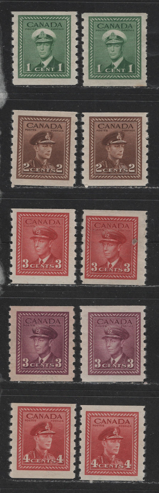 Lot 521 Canada #263-267 1c-4c Green - Carmine Red King George VI, 1942-1949 War Issue Coils, Perf. 8 Vertical, 10 Fine & VFOG Singles Two Different Printings Of Each, Showing Subtle Shade, Paper & Gum Variations