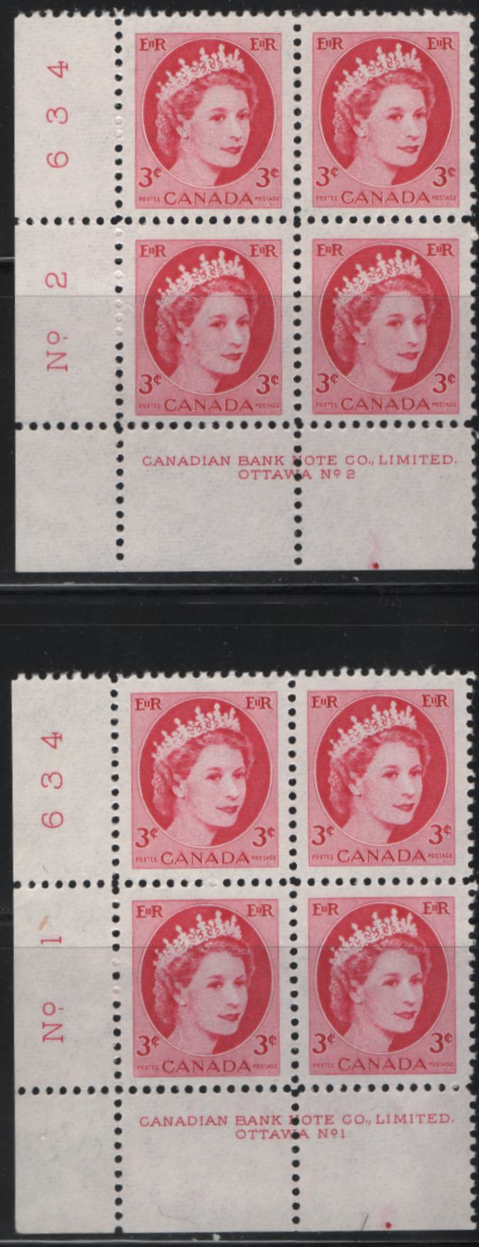 Lot 522 Canada #339iv 3c Cerise Queen Elizabeth II, 1954-1962 Wilding Issue, 2 VFNH LL Plate 1 & 2 Blocks On DF1-fl Greyish Ivory Smooth/Ribbed Paper, With Very Sparse LF Fibres